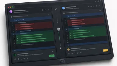 Split IDE mockup with a repo-permission slider between Claude Code and Codex-style diff panes.