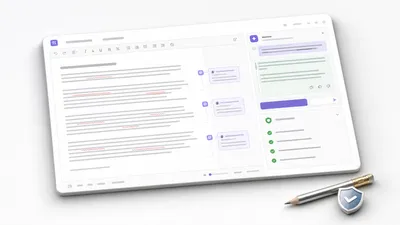 Document editor mockup with grammar marks and a chat rewrite panel